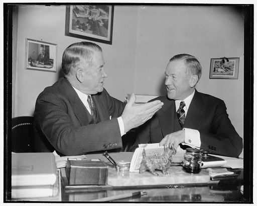 No discord here. Washington, D.C., Dec. 29. Perfect harmony was in order today when Senate Majority Leader Alben W. Barkley, left, discussed final details for the opening of Congress on January 3, with Minority Leader Charles L. McNary of Oregon, 12/29/38