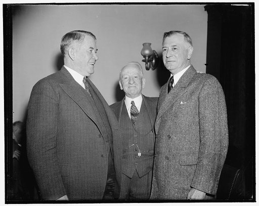 Senate Majority Leader and men who helped elect him. Washington, D.C., Dec. 31. Senator Alben Barkley, new Majority Leader of the Senate, snapped with Carter Glass and Key Pittman. It was Pittman who nominated him and after Pat Harrison had declined to be considered, the caucus members unanimously m