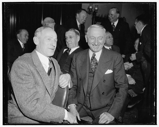 Purge Senators at Democratic Caucus. Washington, D.C., Dec. 31. Intended victims of the president's "purge" prior to the state elections this year turned up front row seats at the Senate Democratic Caucus this morning. Millard E. Tydings and Walter F. George, shown here, seemed pleased over the way 