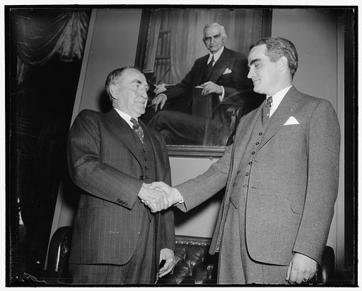 Son of late Speaker welcomed by Speaker Bankhead on arrival to assume duties as representative. Washington, D.C., Jan. 2. Representative Joseph W. Byrns, Jr., right, of Tennessee, son of the late Speaker of the House, was warmly greeted by Speaker Bankhead on his arrival at the Capitol today for the