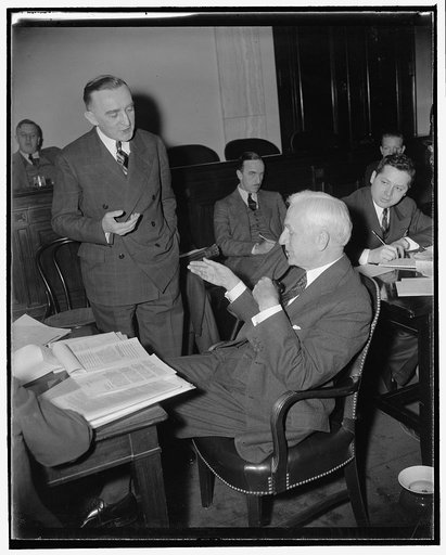 Wyoming Senator and Secretary of State debate on 'sugar lobby.' Washington, D.C., Jan. 13. Following his denial before the Senate Finance Committee today that there was any improper State Department procedure in negotiating a trade agreement with Cuba, Secretary of State Cordell Hull entered into a 