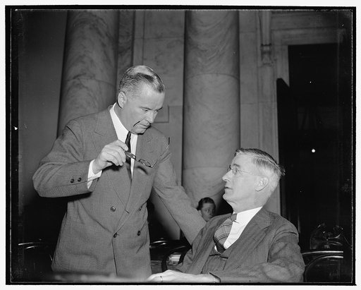 Carnegie Institute Head says U.S. should advance research as defense measure. Washington, D.C., Jan. 17. Richard C. Patterson, Jr., Assistant Secretary of Commerce, and Vannevar Bush, President of the Carnegie Institute here, photographed before the hearings of the Temporary National Economic Commit