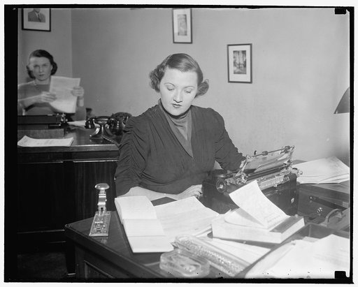 Kay Overton, 'Little Senator', Secretary to 'Big Senator' Overton on Hill. Washington, D.C., Jan. 20. Kay Overton, usually referred to as the 'little Senator', serves her father in his office as secretary. Her father is Senator John Overton from Louisiana, 1/20/38