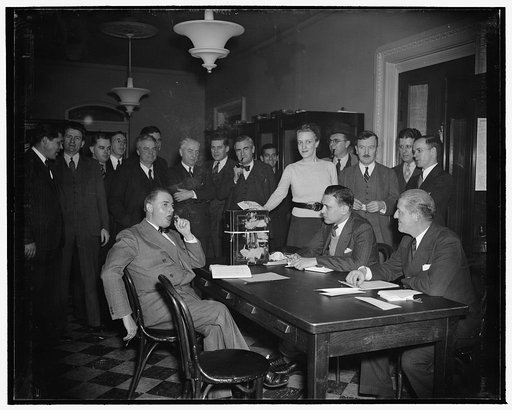 Congress' reporters hold own elections. Washington, D.C., Jan. 20. The biennial election of press galleries of the House and Senate today cast ballots to elect a standing committee of five to supervise management of the two press galleries during the next two years. Here, Harriet Evans, casts her ba