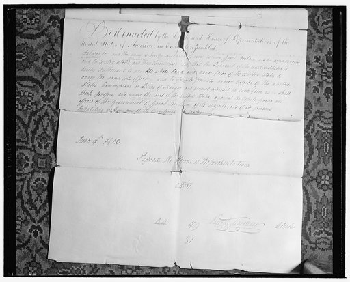 Capitol 'attic' yields records of early American Congresses. Washington, D.C., Jan. 23. Historical records dating back to early American Congresses have just been found during a house-cleaning of the attics and basement of the house wing at the Capitol. 1. Above is the original House Bill written in