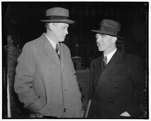 Two new cabinet members. Washington, D.C., Jan. 26. Attorney General Frank Murphy and Secretary of Commerce Harry Hopkins leave the White House today after a conference with President Roosevelt, 1-26-39
