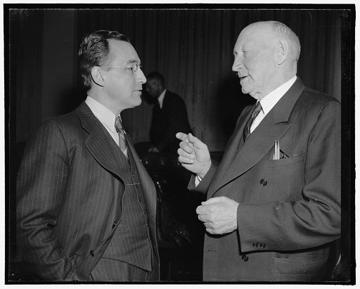 Social Security Legislation has proved it will work Board Chairman tells House Committee. Washington, D.C., Feb. 1. Chairman Arthur J. Altmeyer, left, of the Social Security Board, shown here with Rep. Robert L. Doughton, Chairman of House Ways and Means Committee, today told that Committee that the
