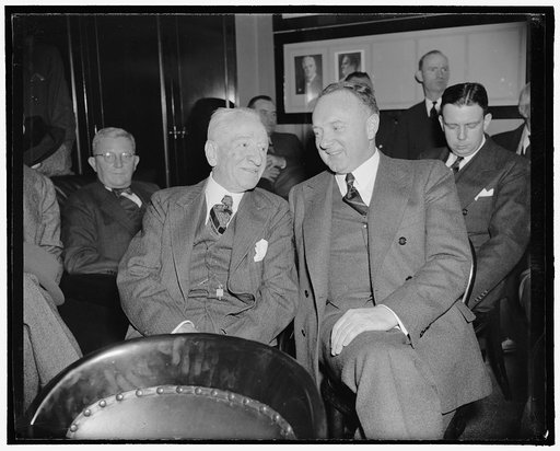 Virginia Senators oppose nomination of Floyd Roberts to federal judgeship. Washington, D.C., Feb. 1. Senators Carter Glass and Harry F. Byrd, who are leading the opposition to the nomination of Floyd Roberts to a Federal District Judgeship in Virginia, are pictured as they listened to testimony befo