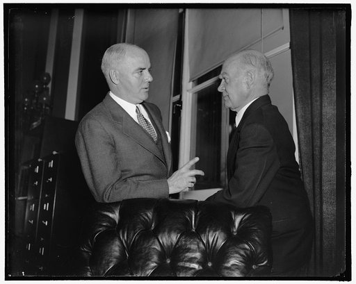 New evidence. Washington, D.C., Feb. 2. Rep. J. Parnell Thomas, left, republican of New Jersey, shown here with Rep. Hatton W. Sumners, Chairman of the House Judiciary Committee today presented 'new evidence' to the Committee in support of his resolution to impeach the Secretary of Labor and two oth