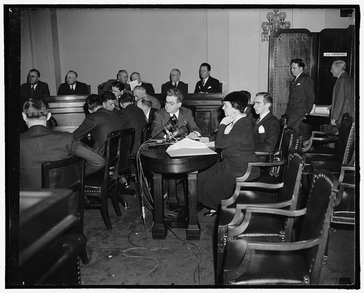 Labor Secretary defends self before House. Washington, D.C., Feb. 8. Secretary of Labor, Francis Perkins, today presented herself before the House Committee on the Judiciary to defend her actions as Secretary. She is under consideration of impeachment upon charges by Rep. J. Parnell Thomas that she 