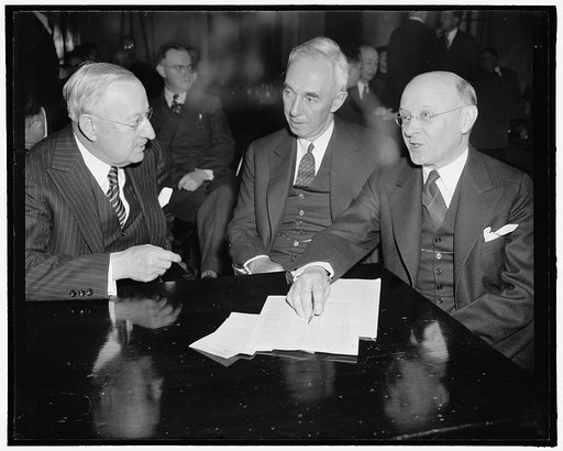 Metropolitan's Board President, President and Counsel at sensational testimony at monopoly. Washington, D.C., Feb. 9. Frederick Eckner, President of the Board of Directors, Leroy Lincoln, President of Metropolitan Life Insurance Co., and John Lord O'Brian, Metropolitan Counsel. At the Monopoly Heari