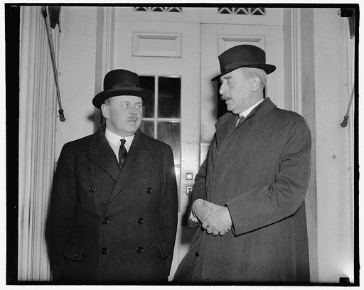White House callers. Washington, D.C., March 16. British Ambassador Sir Ronald Lindsay, right, with Lord Harlech whom he presented to President Roosevelt in a White House visit, 3-16-39