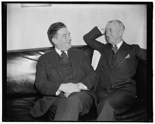 Leading fight for reorganization. Washington, D.C., March 24. Rep. Lindsay Warren, N.C. and Senator James Byrnes, S.C. talking over problems of the reorganization bill this morning. -Made for Time Magazine- 3-24-39