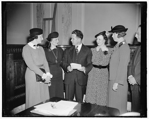 Louisiana Senator investigates Civil Service promotions causing complaints. Washington, D.C., March 29[28}(?). Senator Allen Ellender, of Louisiana, recently received complaints that a pretty face means more to some of the Bureau Chiefs when time comes for a promotion in Government Service, so, the 