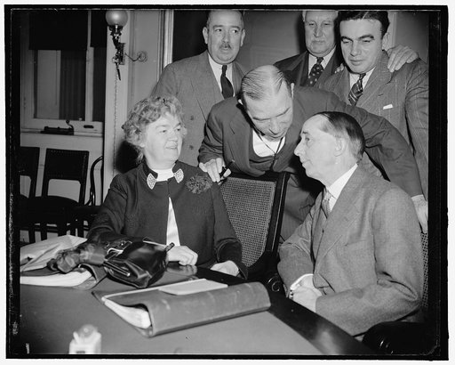 Off-the-record report on Spain. Washington, D.C., March 30. A dark secret was the report American Ambassador to Spain, Claude Bowers gave to the House Foreign Affairs Committee today on the possibility of Spain becoming a satellite of Germany and Italy. Bowers, right, is pictured with Rep. Sol Bloom