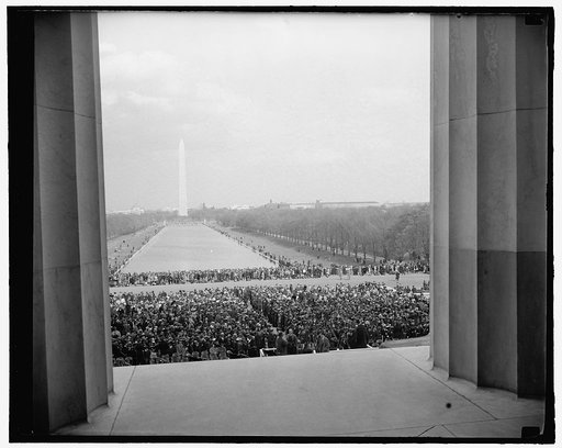 Masses listen while negress sings. Washington, D.C., April 9. An estimated 75,000 people of all races massed before the Lincoln Memorial today while negro contralto Marian Anderson staged on of the most dramatic concerts seen in Washington. The concert was the culmination of the bitterest black-vs.-