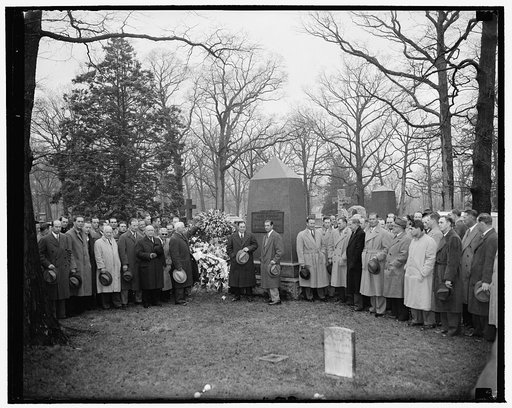Tribute to baseball's founder. Washington, D.C., April 17. Although the scheduled opening game which President Roosevelt was supposed to open today was put off until Friday because of drizzling rain, both teams journeyed to Arlington National Cemetery this morning to lay a wreath at the grave of bas