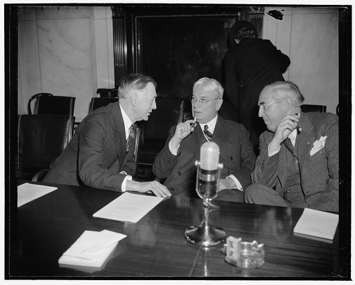 Senatorial old timers. Washington, D.C., April 17. Three senators whose terms have successfully brought them back to the U.S. Senate are these who were photographed at the Neutrality Hearings of the Foreign Relations Hearing today. Left to right: Senators Key Pittman, Chairman of the Committee, Hira