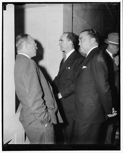 Attorney General and FBI head arrive at U.S. Attorneys Conference. Washington, D.C., April 19. Attorney General Frank Murphy and FBI Chief J. Edgar Hoover pictured as they arrived at the Department of Justice today to attend the first conference of United States attorneys