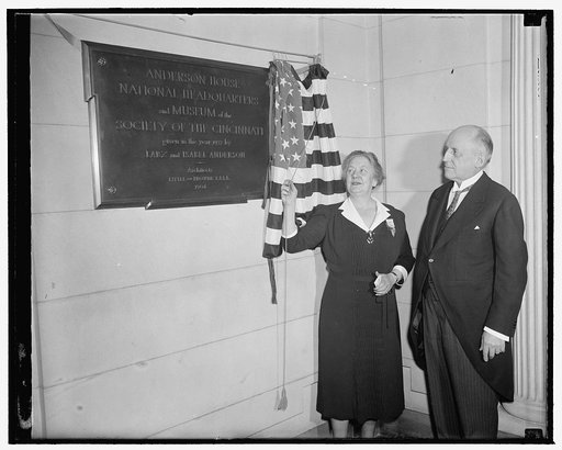 Donor unveils tablet at new headquarters of Society of Cincinnati. Washington, D.C., April 19. The beautiful Anderson mansion on Massachusetts Ave. here, which was presented sometimes age by Mrs. Larz Anderson to the Society of Cincinnati for their national headquarters, was formally accepted by the