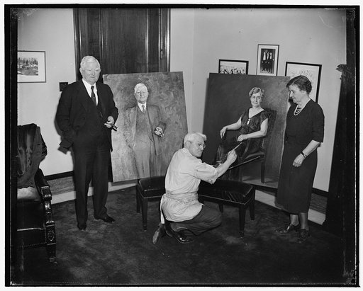Vice President and Mrs. Garner pose for portraits. Washington, D.C., April 20. Seymour M. Stone, American artist, puts the finishing touches on the portraits of Vice President and Mrs. John N. Garner which he has recently completed. Artist Stone painted the two portraits in two weeks