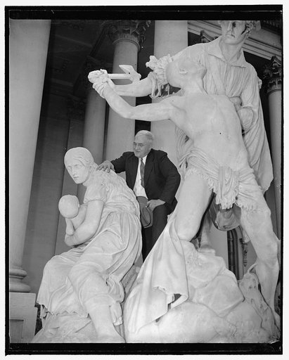 Congress urged to remove tomahawk-swinging Indian statue from steps of Capitol. Washington, D.C., April 27. If Rep. Usher Burdick, Republican of North Dakota has his way, the 87 year old statue standing on the steps of the Capitol which depicts a frontiersman rescuing a white woman from a possible r