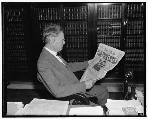 Hitler speech means end of peace talks, Senator Borah says. Washington, D.C., April 28. Senator William E. Borah, Republican of Idaho, Dean of the Senate Foreign Relations Committee, after reading the speech of Adolph Hitler today told newsmen that he regarded it 'as ending the matter of further wor