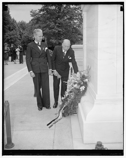 French Deputies pay tribute to America's unknown soldier. Washington, D.C., May 2. Deputies from the French Parliament, in this country to visit the New York World Fair, today paid tribute to America's unknown soldier at Arlington National Cemetery. Here we see M.M. Eduard Jonas, left, President of 