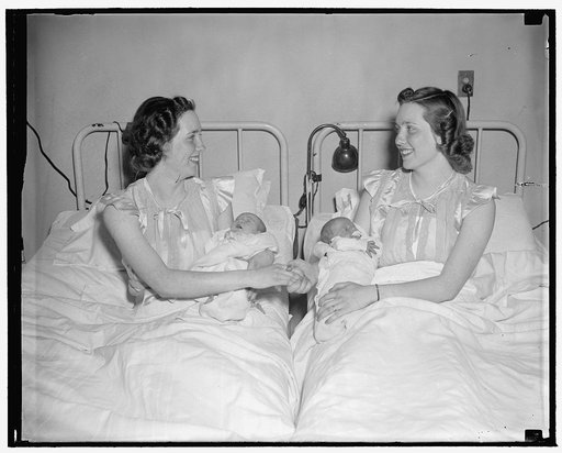 Twins become mothers together for second time in less than two years. Washington, D.C., April 7. Accustomed to doing practically the same things all their lives, these Washington twins, now mothers, have apparently decided that having their children together would certainly be in order. The mothers,