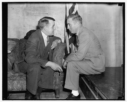 AF of L textile workers gird up loins for battle with CIO organizers. Washington, D.C., May 8. R.J. Watt, American Labor Representative of the International Labor Office at Geneva, and Francis J. Gorman, President of the AF of L United Textile Workers discussing plans of a fight against organizing e