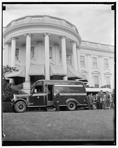Farley and philatelic truck at White House. Washington, D.C., May 9. The Post Office's new philatelic stamp truck which began a tour of the United States today following ceremonies at the White House was given a final inspection by the Post Master General James A. Farely before it started out from t