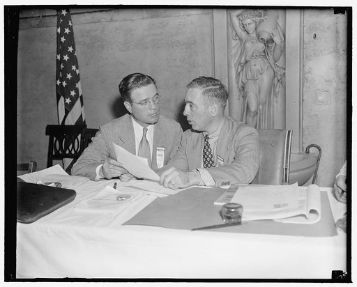 United Textile Workers Union elects new chief. Washington, D.C., May 10. Councile M. Fox, 36, newly elected President of the United Textile Workers Union, and Francis Gorman, former president who resigned. Fox has been a textile worker since he was 12 years old, and took the election by unanimous vo