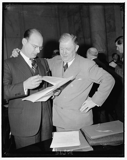 Michael Cleary, right, Pres. of the Northwestern Mutual Life Insurance Co., with his counsel, G.M. Swanstrom, at Monopoly Comm. Hearing