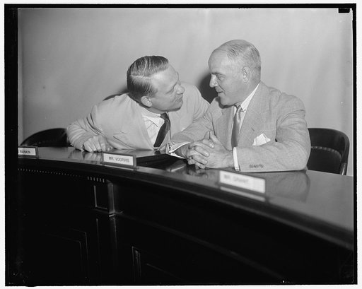 Two foes of Un-Americanism in conference. Washington, D.C., May 23. Martin Dies, chairman of the House Committee Investigating Un-American Activities, and Rep. J. Parnell Thomas, who recently sponsored a bill of impeachment against Secretary of Labor Perkins. Both members of the Dies Committee put t
