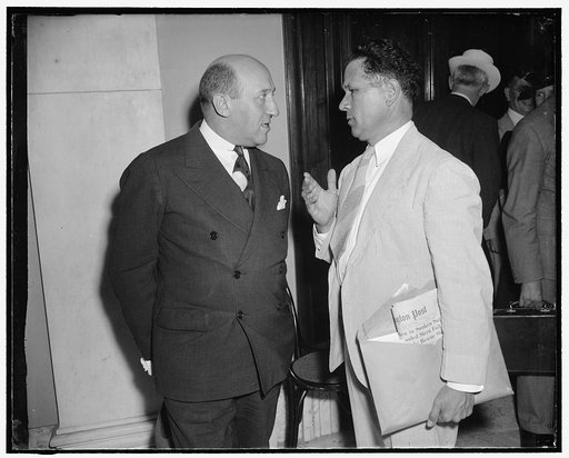Representatives from AMA argue against Wagner health program bill. Washington, D.C., May 25. Dr. Morris Fishbein, President of the American Medical Association, and Sen. Allen Ellender of Louisiana, member of the Senate Committee which is holding hearings on a bill proposed by Sen. Robert Wagner to 