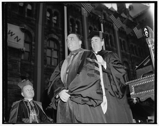 Georgetown U presents J. Edgar Hoover with honorary law degree. Washington, D.C., June 5. Upon the occasion of Georgetown University's celebration of the adoption of the constitution and founding of the University at a sesquicentennial convocation, J. Edgar Hoover, director of the Federal Bureau of 