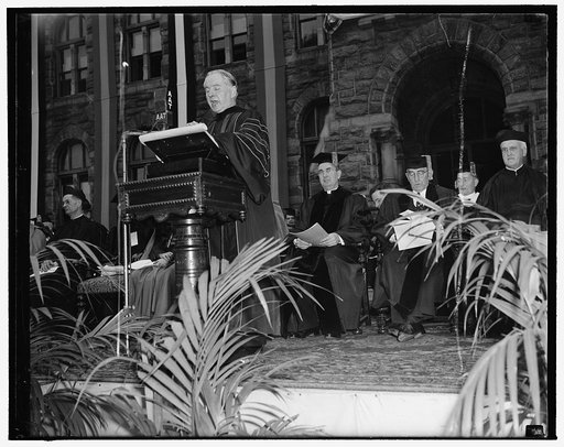 Georgetown celebrated sesquicentennial convocation. Washington, D.C., June 5. The Rev. Edmund Walsh, President of Georgetown University addressing the delegates to Georgetown University's convocation in memory of the adoption of the constitution of the U.S. and the founding of Georgetown University.