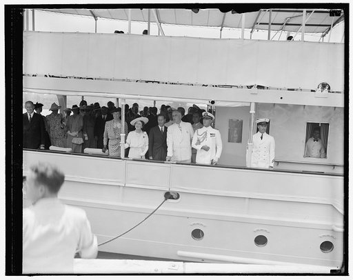 Eleanor Roosevelt, Queen Elizabeth and King George of Great Britain, and President Roosevelt on board the Presidential yacht USS Potomac