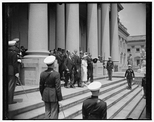 King George VI and Queen Elizabeth on steps of U.S. Capitol, Washington, D.D., during their royal visit