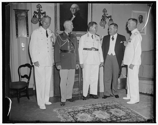 Brazilian Chief of Staff entertained at U.S. Naval Academy. Annapolis, Md. June 20. Shortly after reviewing the midshipmen here today Gen. Goes Monteiro, Chief of Staff of the Brazilian army, was entertained at historic Bancroft Hall. The general arrived aboard the U.S.S. Nashville. Left to right: B