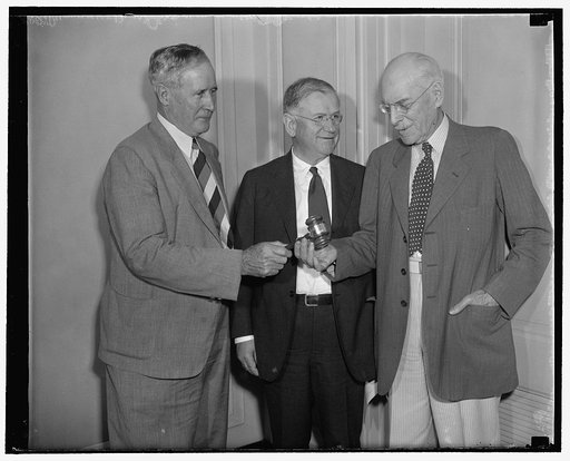 Gavel presented to author of first federal grazing control legislation. Washington, D.C., June 29. Five years of conservation accomplishments under the Taylor Grazing Act of 1934 was signalized today by the Secretary of Interior Harold Ickes in the presentation of a historic gavel to Rep. Edward T. 