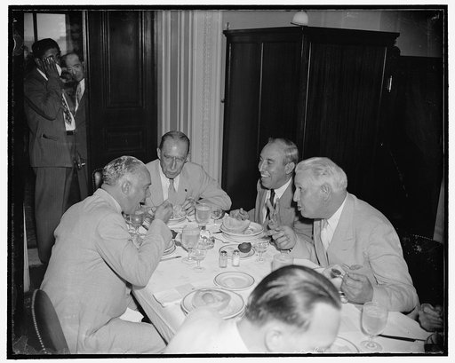 Gen. Trujillo given luncheon at Capitol. Washington, D.C., July 7. Visiting Washington on a goodwill tour is former Dominican Republic President Gen. Rafael Trujillo. The general was accorded a luncheon today at the Capitol by Sen. Theodore Green Rhode Island. Avidly talking to the General, who spea
