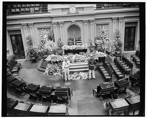 Body of late Secretary of Navy lies in state in Senate Chamber. Washington, D.C., July 10. Funeral services attended by President Roosevelt and other government heads, were held in the Senate Chamber today for the late Secretary of the Navy Claude A. Swanson. The flag-draped casket is shown guarded 