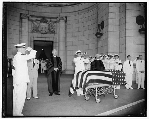 Last honors paid Navy Secretary at Union Station as bugler blows taps. Washington, D.C., July 10. While Senate Chaplain, the Rev. Ze Barney Phillips, stood on the bugler's right and the Rev. James Shera Montgomery, Chaplain of the House stood on the left, a navy bugler blew taps over the casket of N