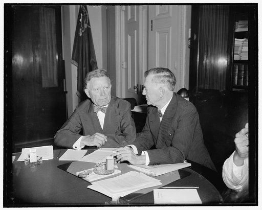 Senate experts on foreign relations. Washington, D.C., July 14. Responsible for shaping U.S. foreign policy for the last decade or more have been Senators William E. Borah, left, Republican of Idaho, and Senator Key Pittman, Democrat of Nevada. Senator Pittman is the present Chairman of the Senate F