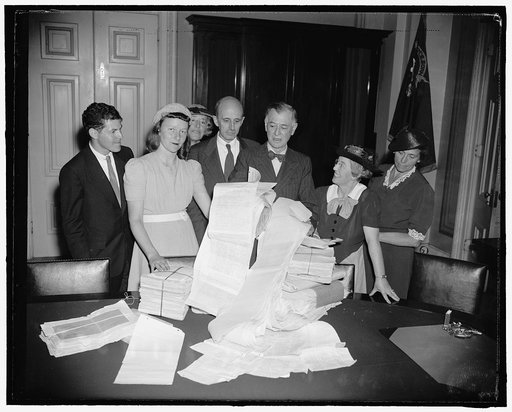 Senator Pittman gets petition urging embargos against Japan. Washington, D.C., July 18. A delegation representing the American Committee for non-participation in Japanese agression, headed by Eleanor Fabyan of Boston, called on Senator Key Pittman, Chairman of the Senate Foreign Relations Committee,