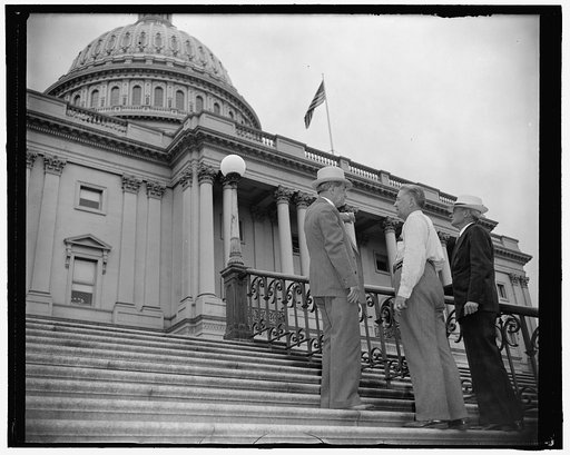 A certain sign of adjournment. Washington, D.C., July 21. Every four years the dome of the Capitol is painted with a special, heavy coat of paint, and this is the year for men to clamber up the steep walls of the dome armed with buckets and brushes. But, the time when the painting is done is determi