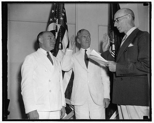 Secretary of War Harry Woodring (left), Major General Emory S. Adams (right) and George C. Marshall (center) being sworn in as Army Chief of Staff on Sept. 1, 1939 at 10:30 am in Woodring's office