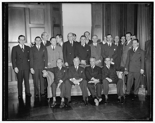 Conference of Latin American retailers. Washington, D.C., Nov. 1. Representatives of Latin-American governments and United States retailers met today under auspices of the Commerce Department to seek means of increasing western hemisphere trade. Reading from left to right in the picture are, seated: