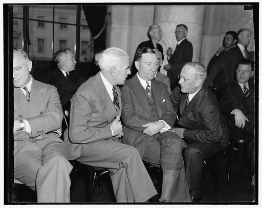 Big three of U.S. Steel. Washington, D.C., Nov. 2. Interested spectators at today's session of the Monopoly Committee now investigating the $4,000,000[,000?] steel industry were, left to right: Edward R. Stettinius, Chairman of the Board, U.S. Steel Corp., Benjamin F. Fairless, President, and Willia